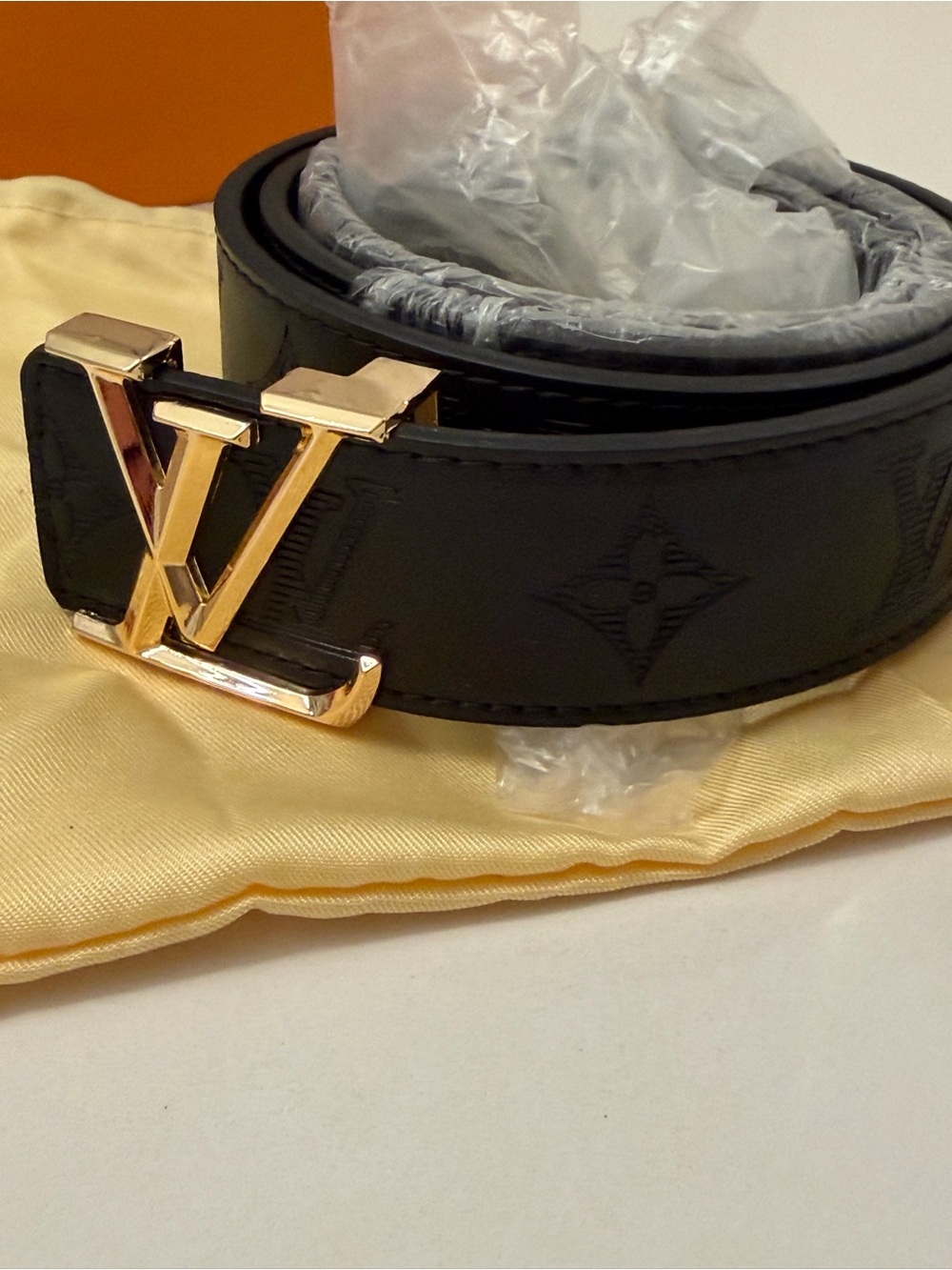 Louis Vuitton Black Leather Monogram LV Initials Gold Buckle Belt